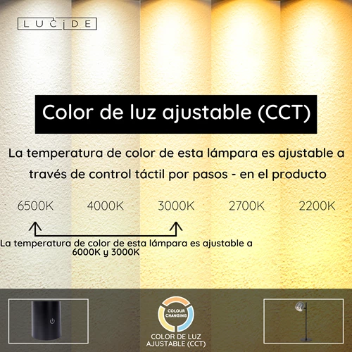 Lucide SKANSKA RECH - Lámpara de escritorio Recargable Dentro/Fuera - Batería/acumulador - LED Regul. - CCT - 1x3W 3000K/6000K - IP44 - Hierro gris - USP